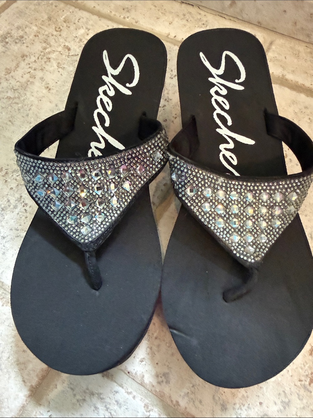 Retired: Skechers Vinyasa Black Jeweled Wedge Thong Sandals